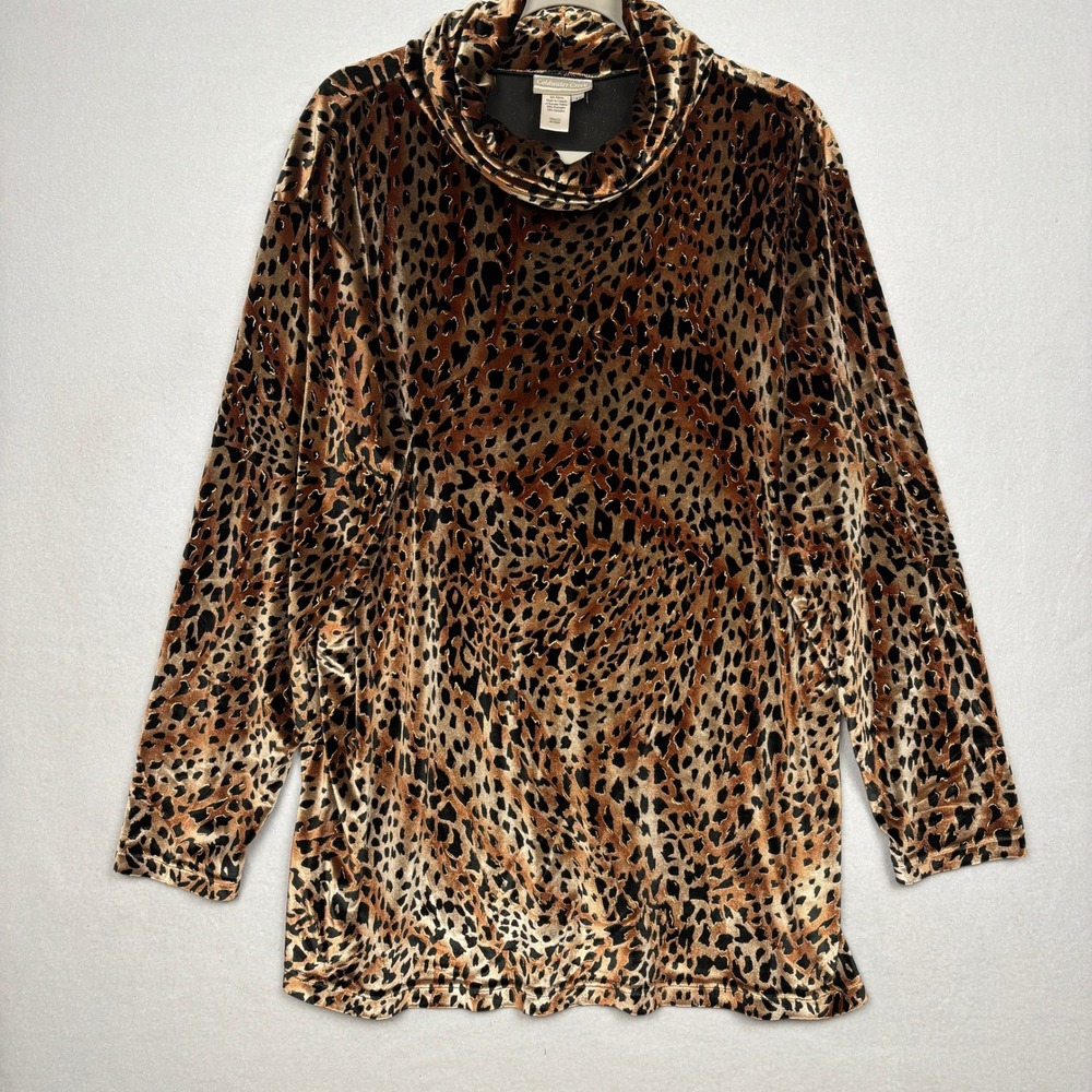 Coldwater Creek Leopard Velvet Tunic Womens 1X Plus Cowl Neck Long Sleeve